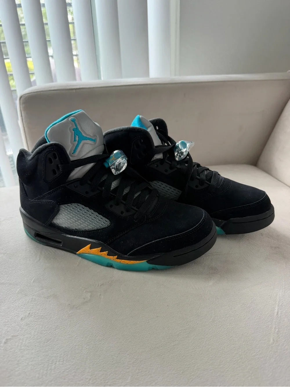 Jordan Retro 5 Black and Teal Sneakers